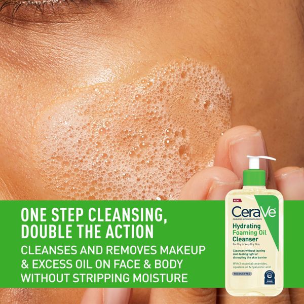 CeraVe Hydrating Foaming Cleansing Oil Face Wash with Squalane Oil, Triglyceride and Hyaluronic Acid For Dry to Very Dry Skin - 12 fl oz