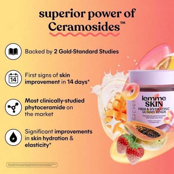 Lemme Skin Firming and Hydrating Gummy Rings - Clinically-Studied Ceramides with Hyaluronic Acid - Peach Flavored - 21ct