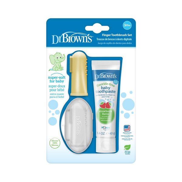 Dr. Brown's 100% Silicone Baby Finger Toothbrush and Fluoride-Free Strawberry Toothpaste Set with Storage Case - Gray & Green - 3pc