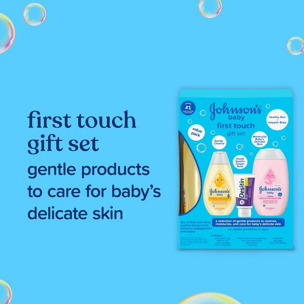 Johnson's First Touch Baby Gift Set Includes Baby Bath Wash & Shampoo, Body Lotion, & Diaper Rash Cream - 3ct