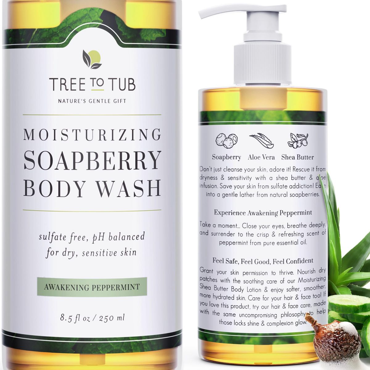 Tree To Tub Peppermint Body Wash for Sensitive Skin and Dry Skin - pH Balanced, Hydrating, Sulfate Free, Vegan Body Soap with Organic Aloe Vera