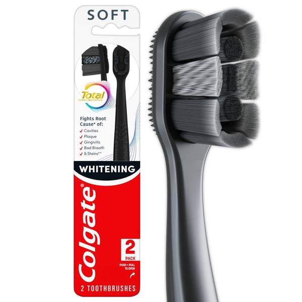 hello 4oz Charcoal Fluoride-Free Fresh Mint Whitening Toothpaste + Colgate 2 Count Total Active Prevention Whitening Soft Toothbrush