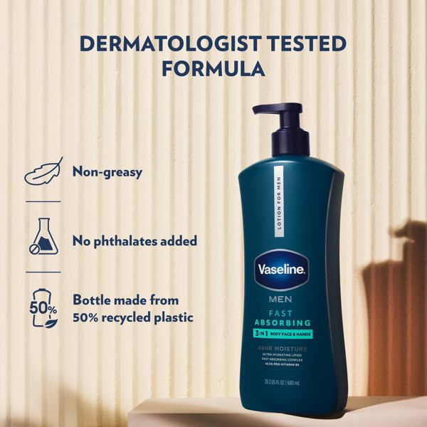 Vaseline Men Fast Absorbing Moisture 3-in-1 Body, Face & Hands Pump Lotion Scented - 20.3 fl oz