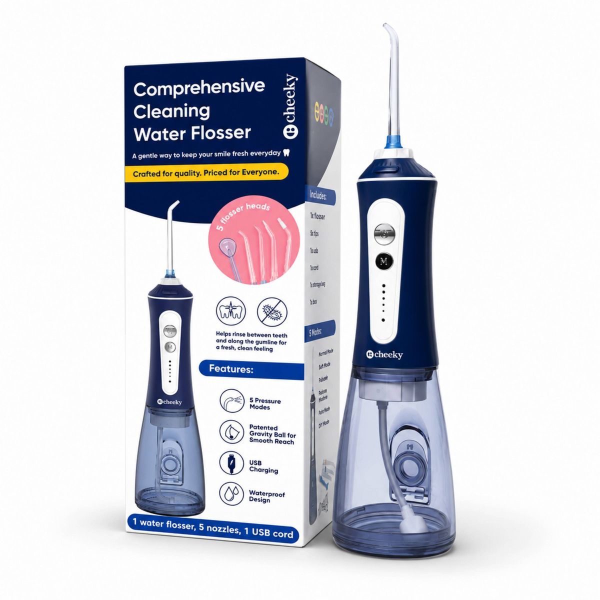 Cheeky Deep Cleaning Water Cordless Dental Flosser with a 300ml Water Tank - 5 Tips