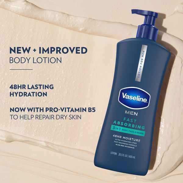 Vaseline Men Fast Absorbing Moisture 3-in-1 Body, Face & Hands Pump Lotion Scented - 20.3 fl oz