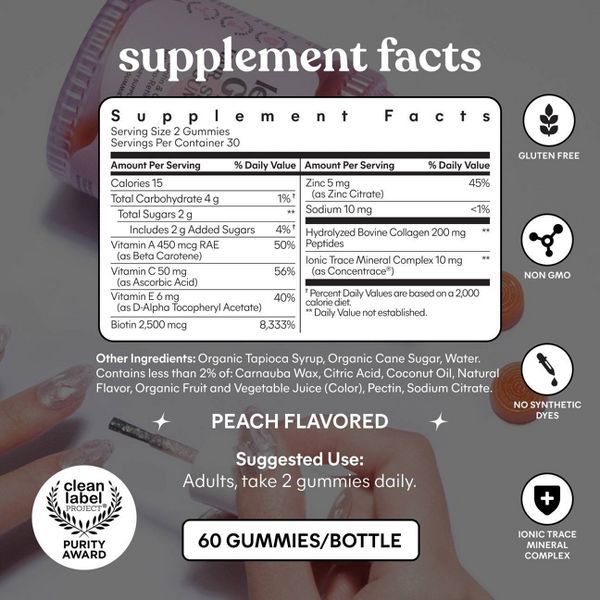 Lemme Glow Collagen Gummies - Hair, Skin & Nail Support - Biotin, Collagen, Trace Minerals & Vitamins - Peach Flavored - 60ct