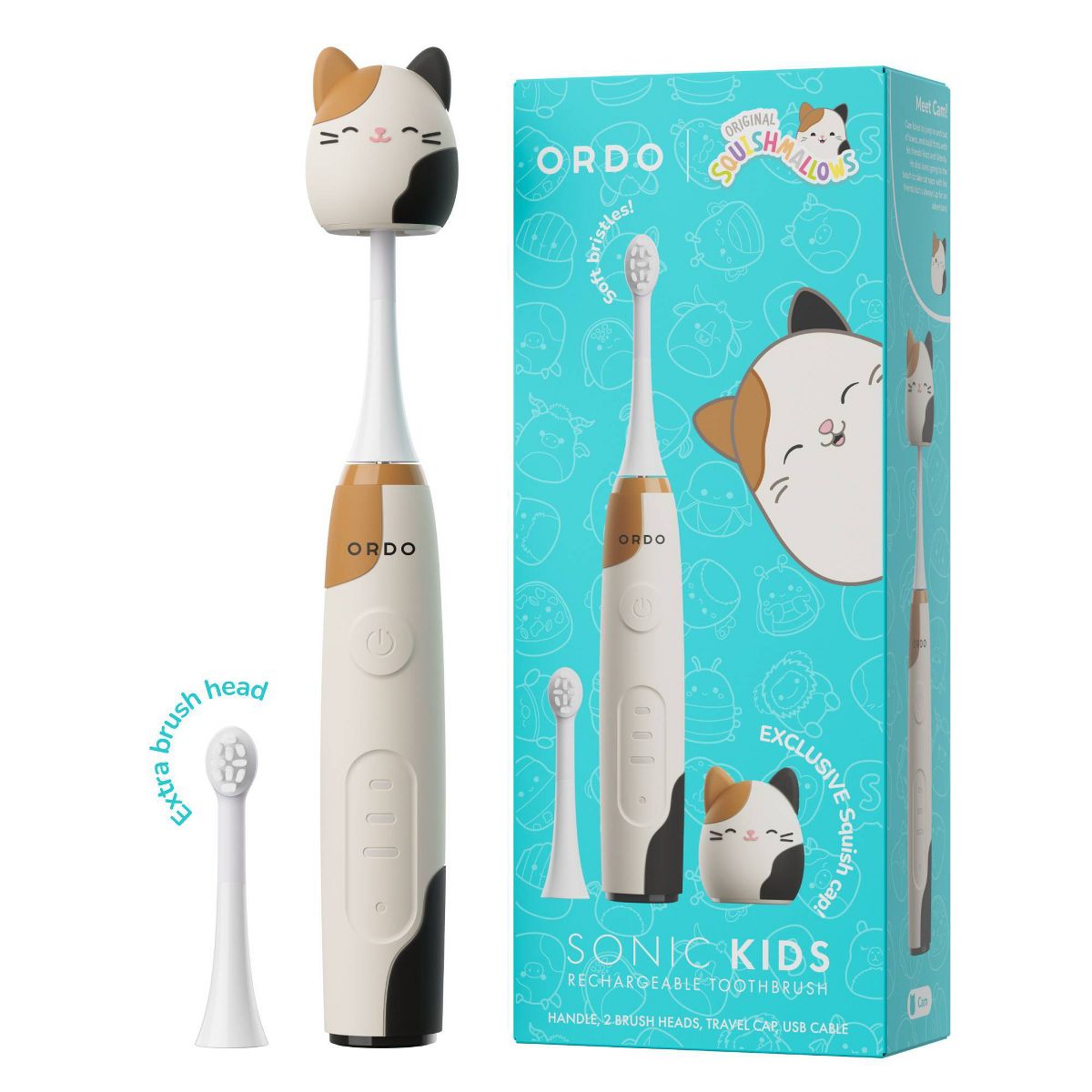ORDO Sonic Kids Squishmallows Cam Rechargeable Toothbrush with Travel Cap and Brush Head - White