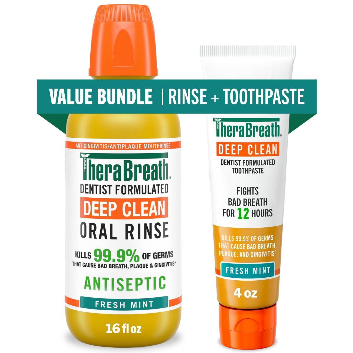 TheraBreath 4oz Deep Clean Toothpaste + 16 fl oz Fresh Mint Deep Clean Mouthwash