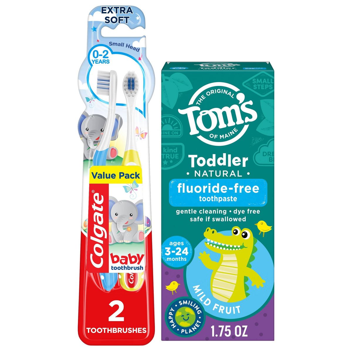 Tom's of Maine 1.75oz Fluoride-Free Mild Fruit Toddler Training Toothpaste + Colgate 2 Count My First Baby and Toddler Toothbrush