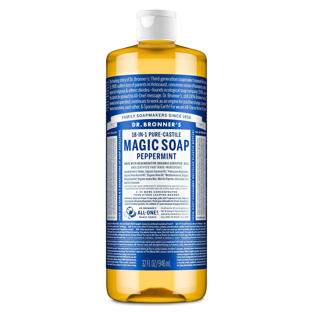 Dr. Bronner's Magic Pure Castile Liquid Soap Bodywash - Peppermint - 32 fl oz