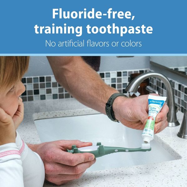 Dr. Brown's 100% Silicone Baby Finger Toothbrush and Fluoride-Free Strawberry Toothpaste Set with Storage Case - Gray & Green - 3pc