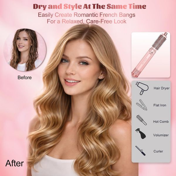 5 in 1 Hair Styler for Woman,Air Curling Wrap,Drying,Curling,Straightening & Volumizing,Hot Air Curler Dryer Brush Tool Set,Curl Styling Tools-Pink