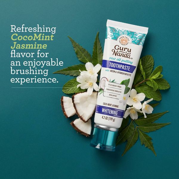 GuruNanda Fluoride-Free Coconut Oil,Neem, Mint and Jasmine Whitening Toothpaste with Hydroxyapatite - 4.2oz