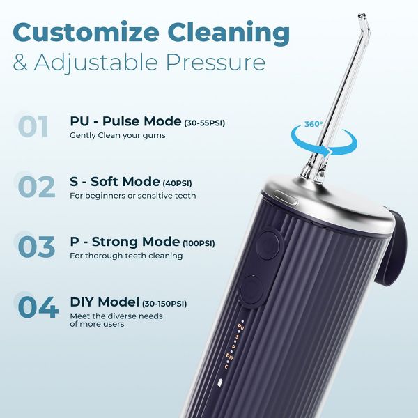 Paucax Dental Water Flosser Cordless for Teeth, 4 Modes Water Pick Flosser IPX7 Waterproof Portable Oral Irrigator with 5 Jet Tips for Adults