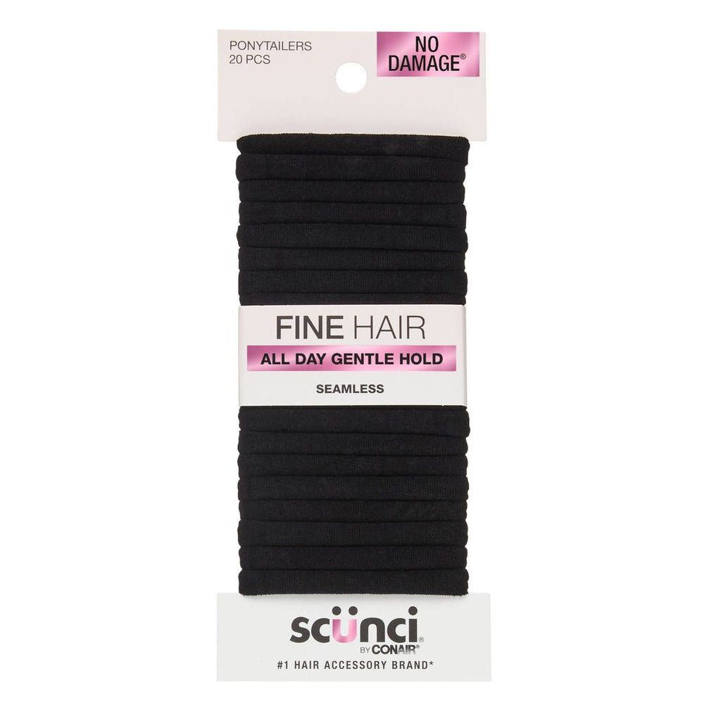 scünci No Damage Super Comfy Hosiery Elastic Hair Tie Ponytailers - Black - Fine Hair - 20pcs