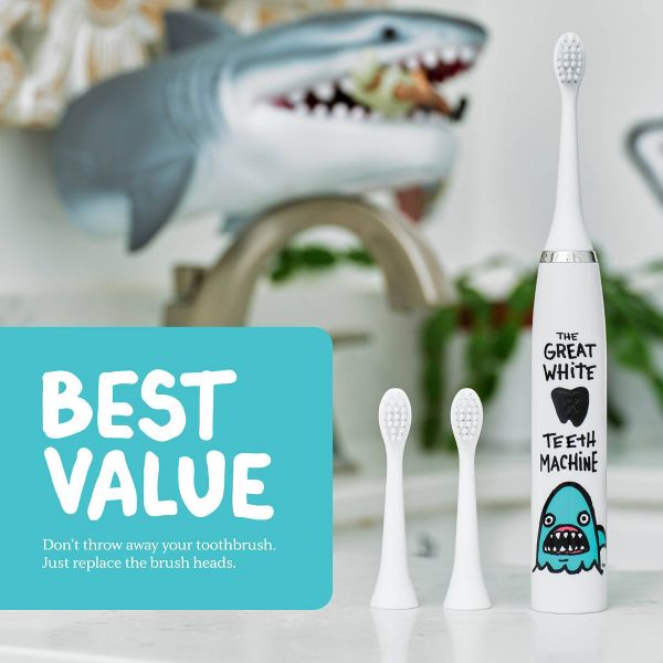Made by Dentists Kids' Shark Rechargeable Electric Toothbrush with Timer and 3 Brush Heads - White