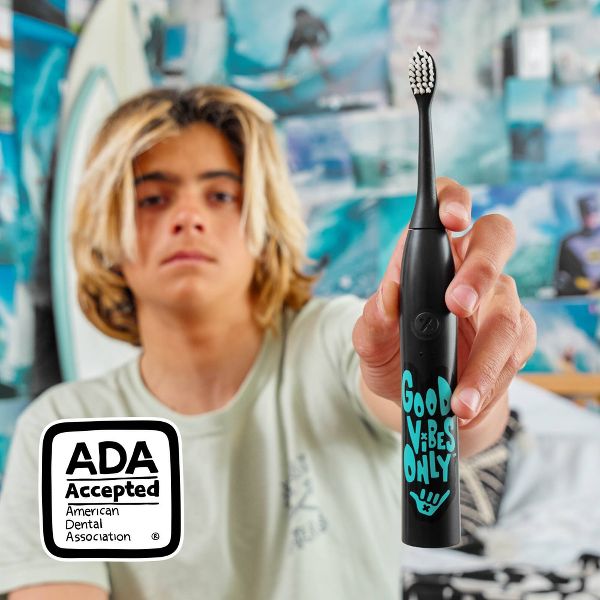 Made by Dentists Sonic Good Vibes Only Tween Rechargeable Electric Toothbrush with Timer Multiple Brush Modes and 3 Brush Heads - Black