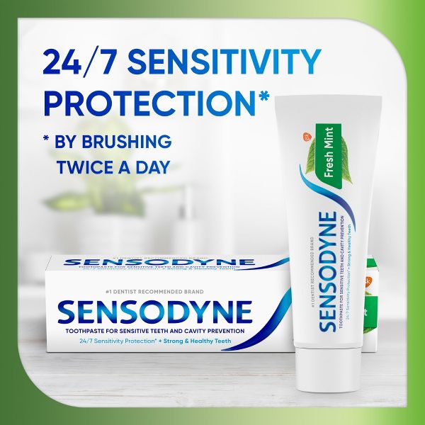 Sensodyne Fresh Mint Toothpaste for Sensitive Teeth provides relief from sensitivity and helps strengthen enamel for daily oral care, 4 oz