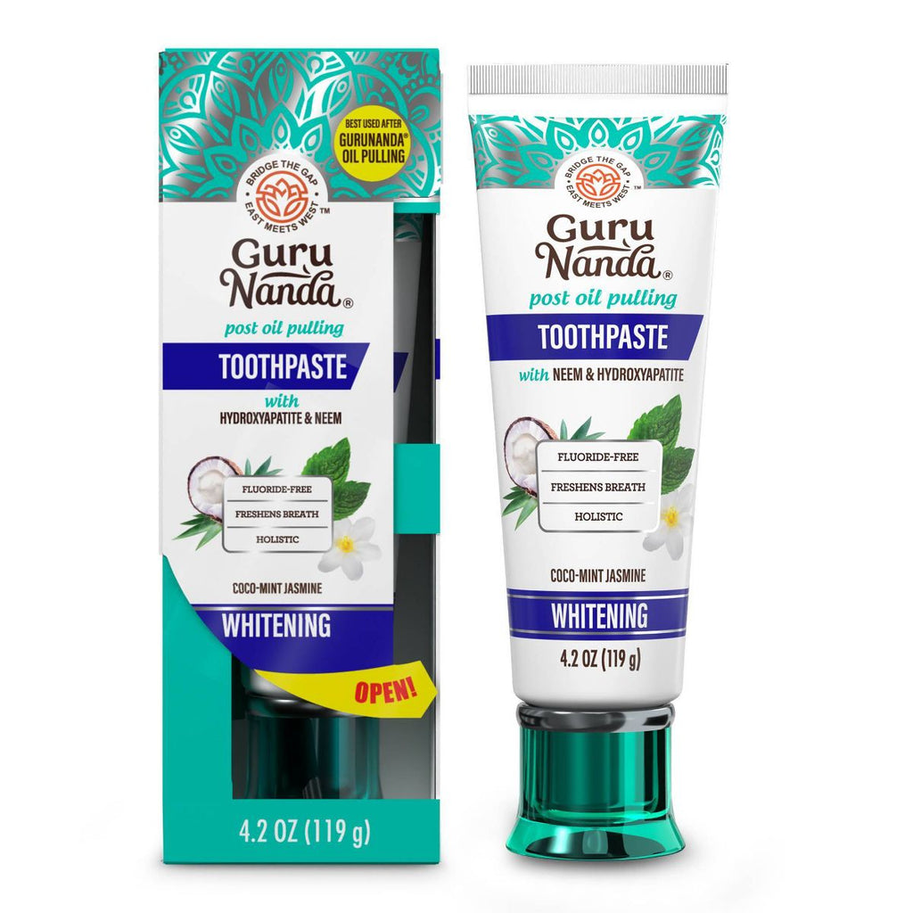 GuruNanda Fluoride-Free Coconut Oil,Neem, Mint and Jasmine Whitening Toothpaste with Hydroxyapatite - 4.2oz