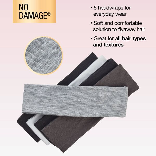 scünci No Damage Stretch Fabric Headbands - Black/White/Grays - All Hair - 5pcs