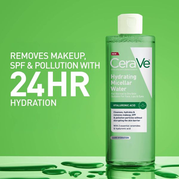 CeraVe Hydrating Micellar Water Makeup Remover, 3 Essential Ceramides, Hyaluronic Acid, Normal to Dry Skin, Face Lips & Eyes, 13.5 fl oz