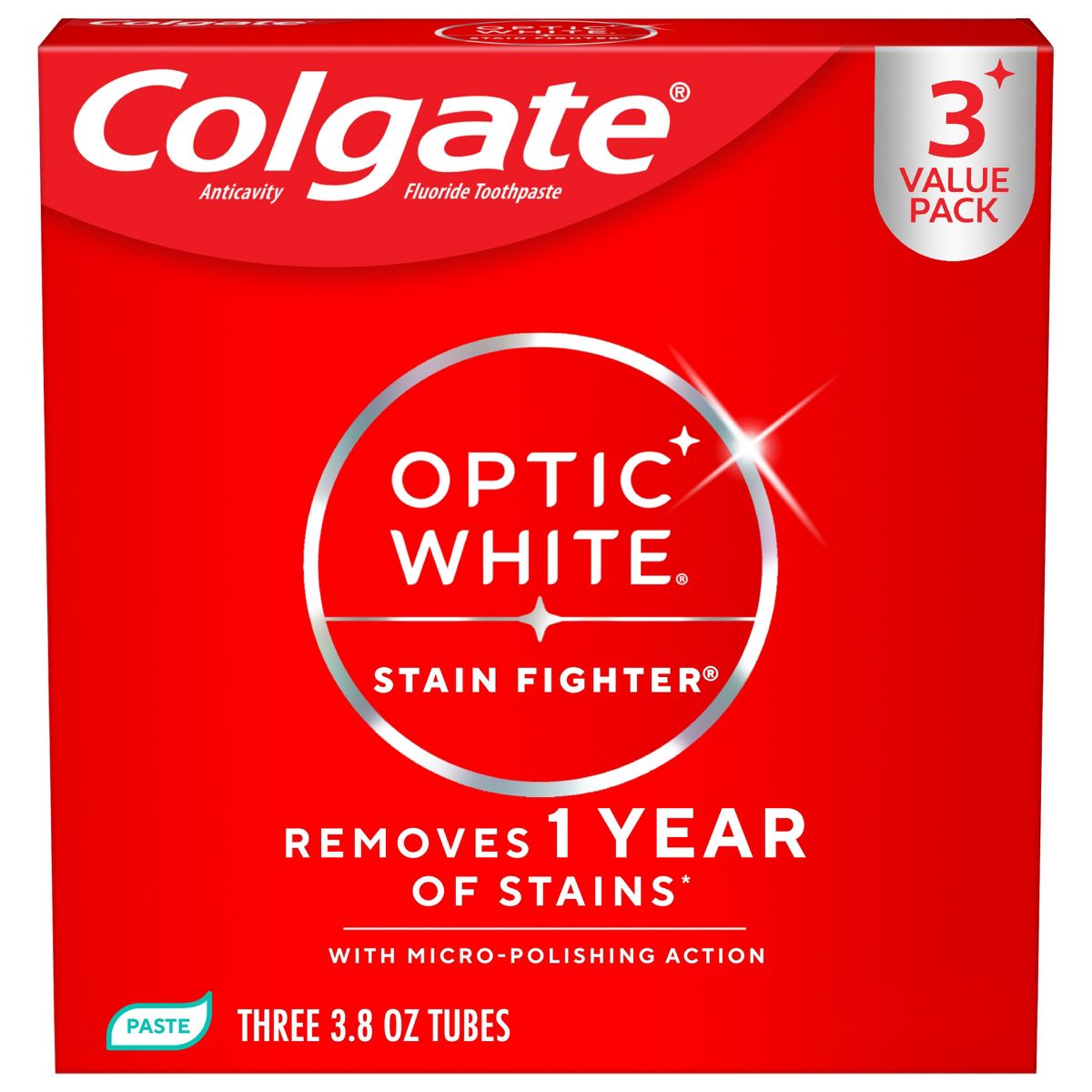 Colgate Optic White Stain Fighter Teeth Whitening Toothpaste - Anticavity Toothpaste with Fluoride - Clean Mint - 3.8oz/3pk