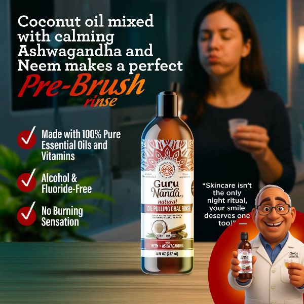 GuruNanda Coconut & Cinnamon Oil Pulling Flavor + Neem and Ashwagandha Mouthwash - 8 fl oz