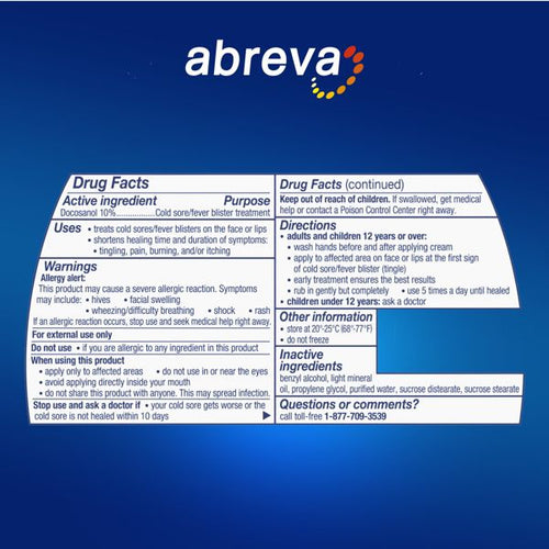 Abreva Docosanol 10% Cream Cold Sore/Fever Blister Treatment Tube - 0.07oz