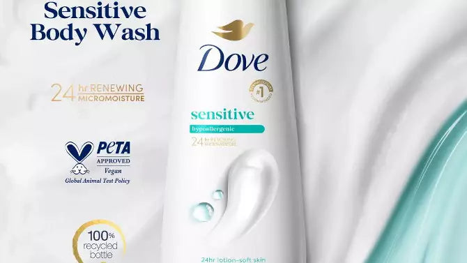 Dove Sensitive Skin Body Wash Gentle Hypoallergenic Formula 24hr Lotion-Soft Skin - 20 fl oz