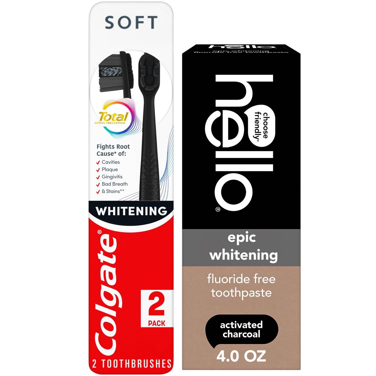 hello 4oz Charcoal Fluoride-Free Fresh Mint Whitening Toothpaste + Colgate 2 Count Total Active Prevention Whitening Soft Toothbrush