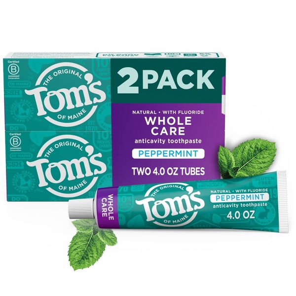 Tom's of Maine Kids' 2 Pack/4oz Whole Care Peppermint Toothpaste + 5.1oz Strawberry Anticavity Fluoride Toothpaste