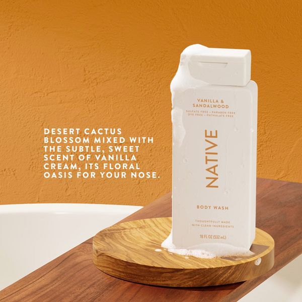 Native Body Wash for Men & Women - Vanilla & Sandalwood - Sulfate Free - 18 fl oz