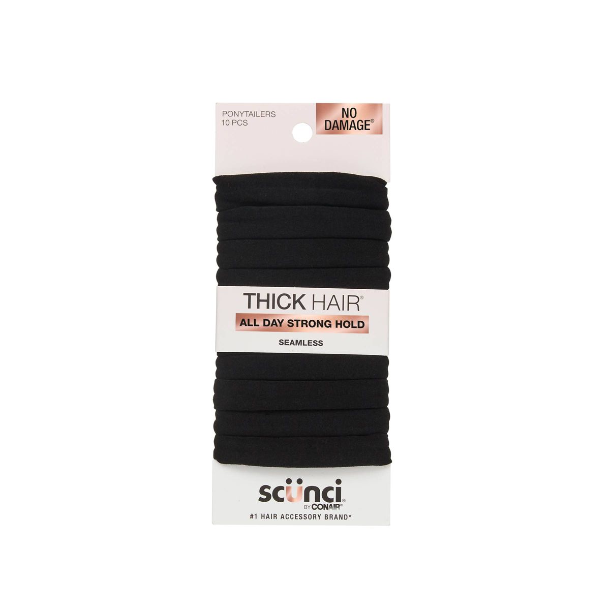 scünci No Damage Super Comfy Hosiery Elastic Hair Tie Ponytailers - Black - Thick Hair - 10pcs