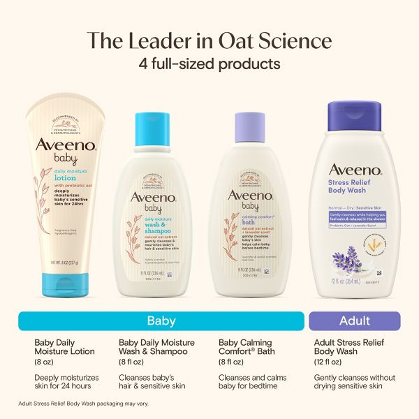 Aveeno Baby & Me Daily Bathtime Solutions Gift Set Includes Baby Wash, Shampoo,Calming Bath and Moisturizing Lotion - 4ct