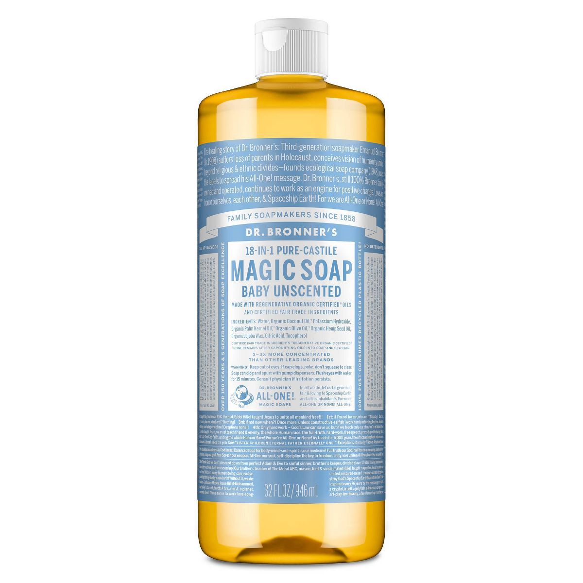 Dr. Bronner's Magic Pure Castile Liquid Soap Bodywash - Baby Unscented - 32 fl oz
