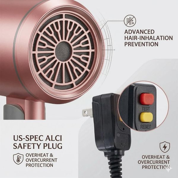 Hoey 1800W Professional Ionic Hair Dryer with Diffuser and Concentrator Attachments - 3 Heat Settings