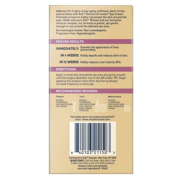 RoC Retinol Correxion Line Smoothing Anti-Aging Wrinkle Eye Cream for Dark Circles & Puffy Eyes - 0.25 fl oz