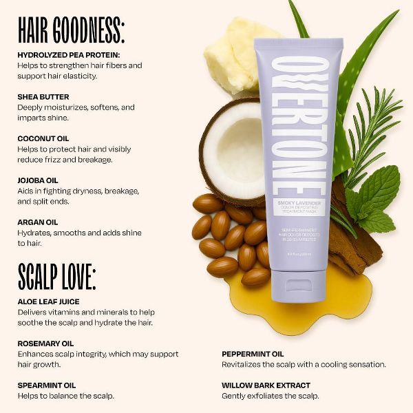 Overtone Smoky Lavender Hair Mask- Semi-Permanent Hair Dye & Color Conditioner- Vegan, Ammonia-Free, Light Purple for Brown & Blonde Hair