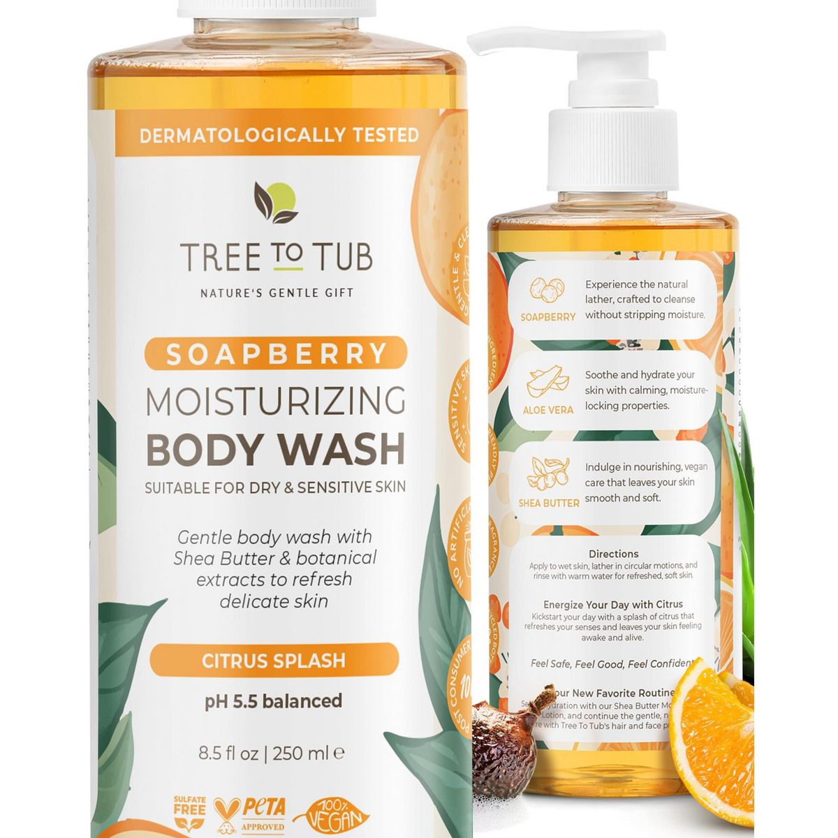 Tree To Tub Citrus Body Wash for Dry Skin & Sensitive Skin - pH Balanced Moisturizing Body Wash, Hydrating Sulfate Free Body Soap for Women & Men