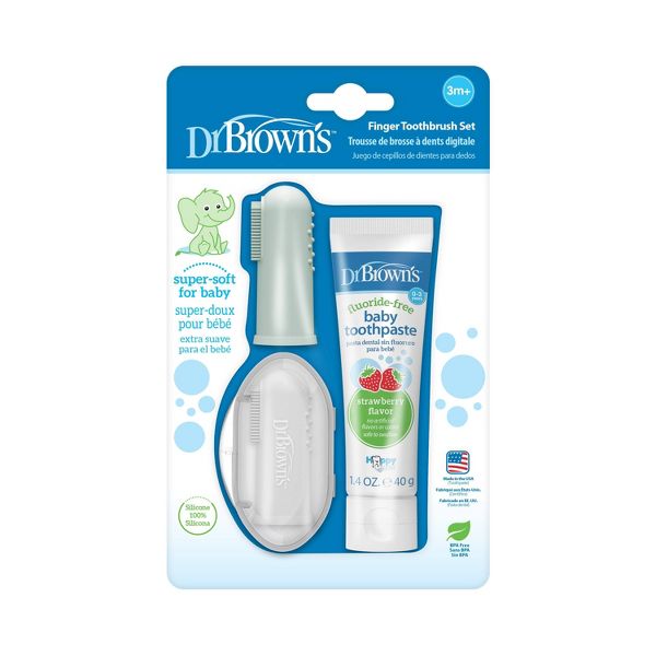 Dr. Brown's 100% Silicone Baby Finger Toothbrush and Fluoride-Free Strawberry Toothpaste Set with Storage Case - Gray & Green - 3pc