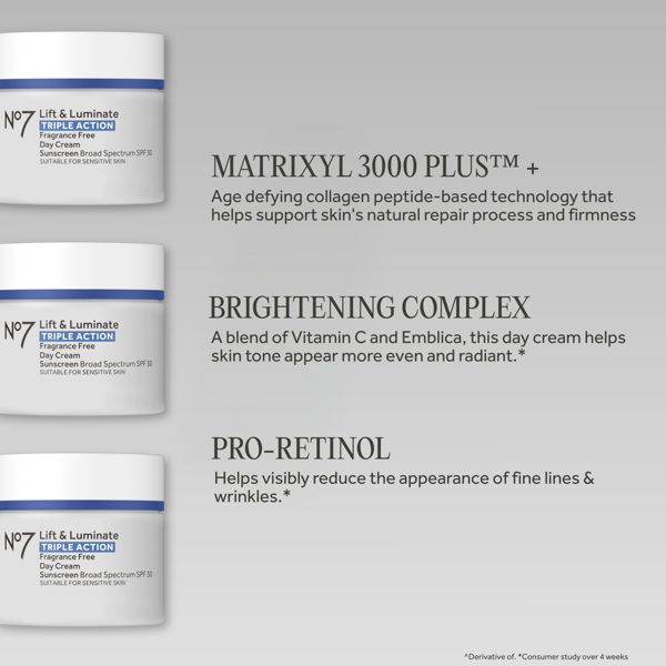No7 Lift & Luminate Triple Action Fragrance Free Day Cream with SPF 30 - 1.69 fl oz