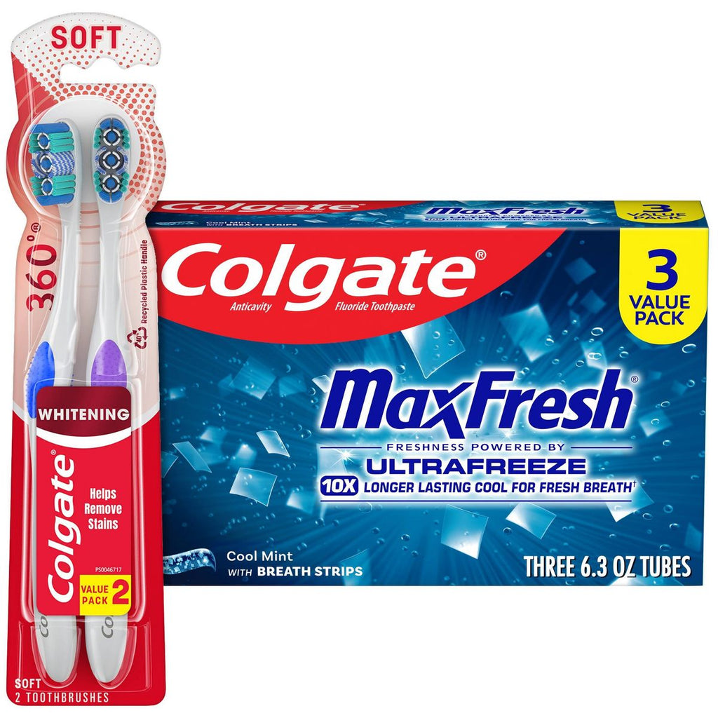 Colgate 2 Pack 360 Optic Whitening Toothbrush + 6.3oz/3 Count Max Fresh Cool Mint Toothpaste