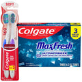 Colgate 2 Pack 360 Optic Whitening Toothbrush + 6.3oz/3 Count Max Fresh Cool Mint Toothpaste