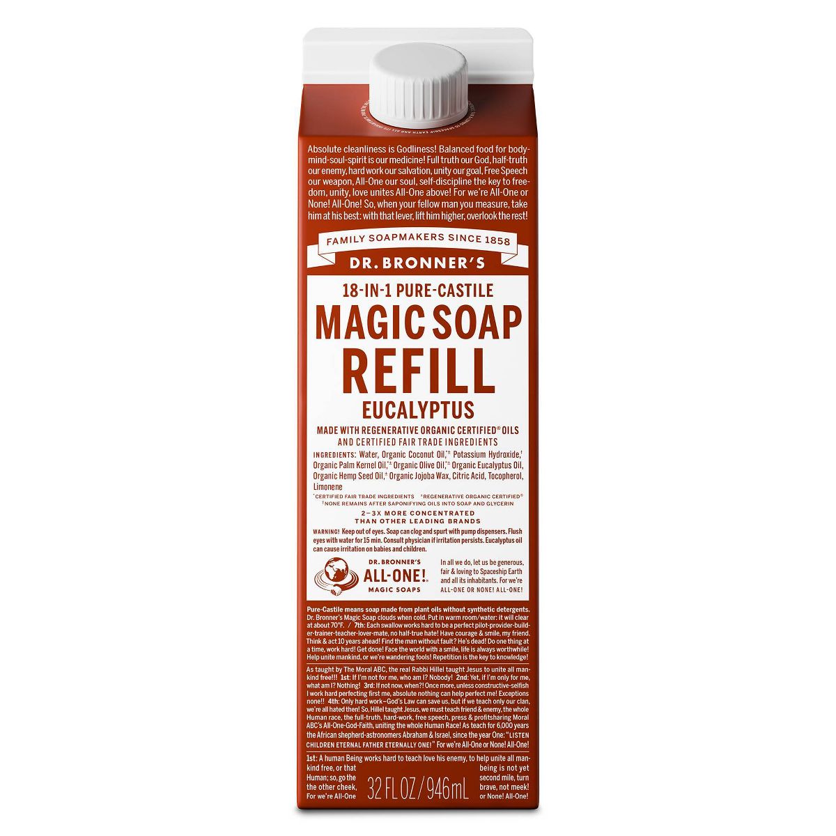 Dr. Bronner's Pure Castile Liquid Soap Bodywash Refill Carton - Eucalyptus - 32 fl oz