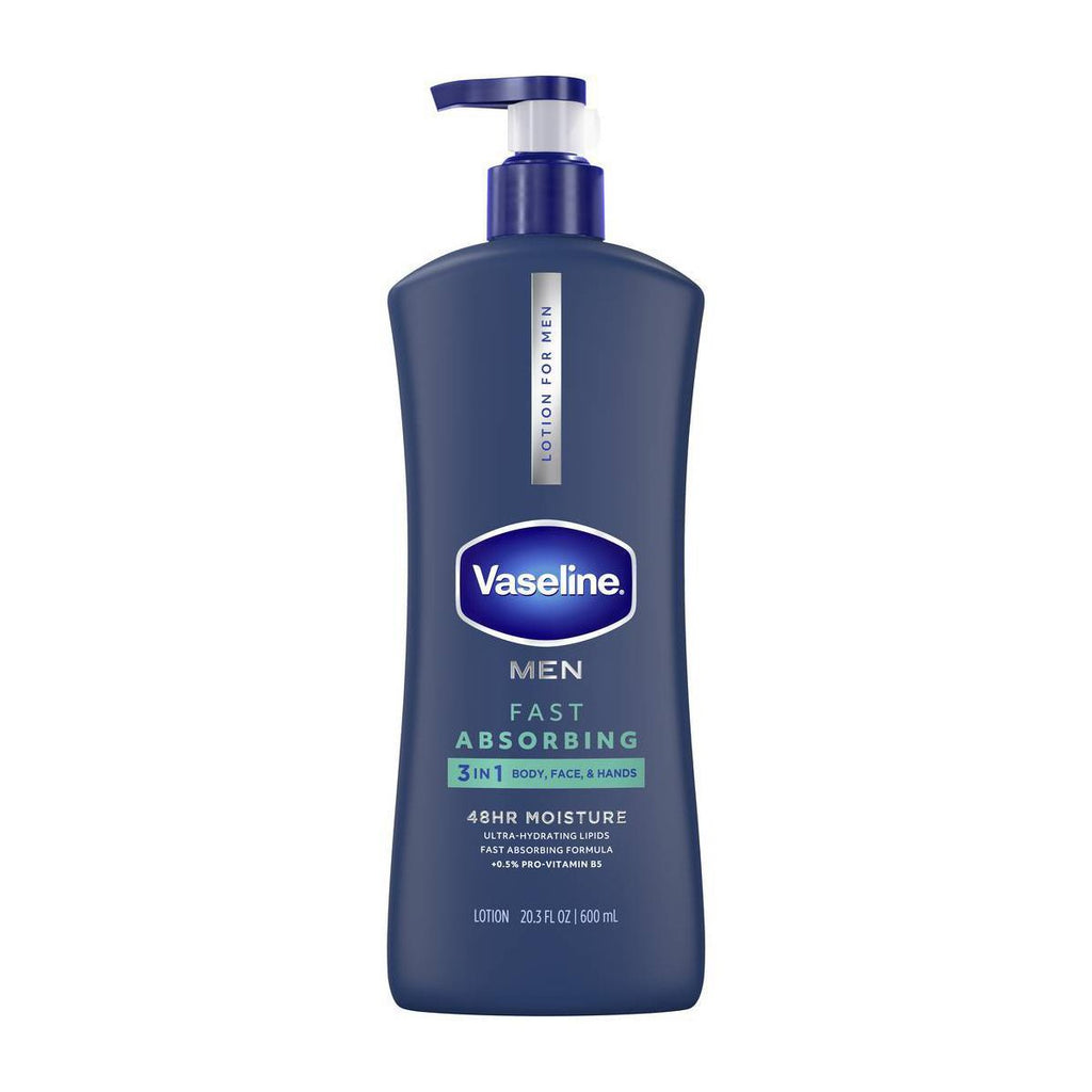 Vaseline Men Fast Absorbing Moisture 3-in-1 Body, Face & Hands Pump Lotion Scented - 20.3 fl oz