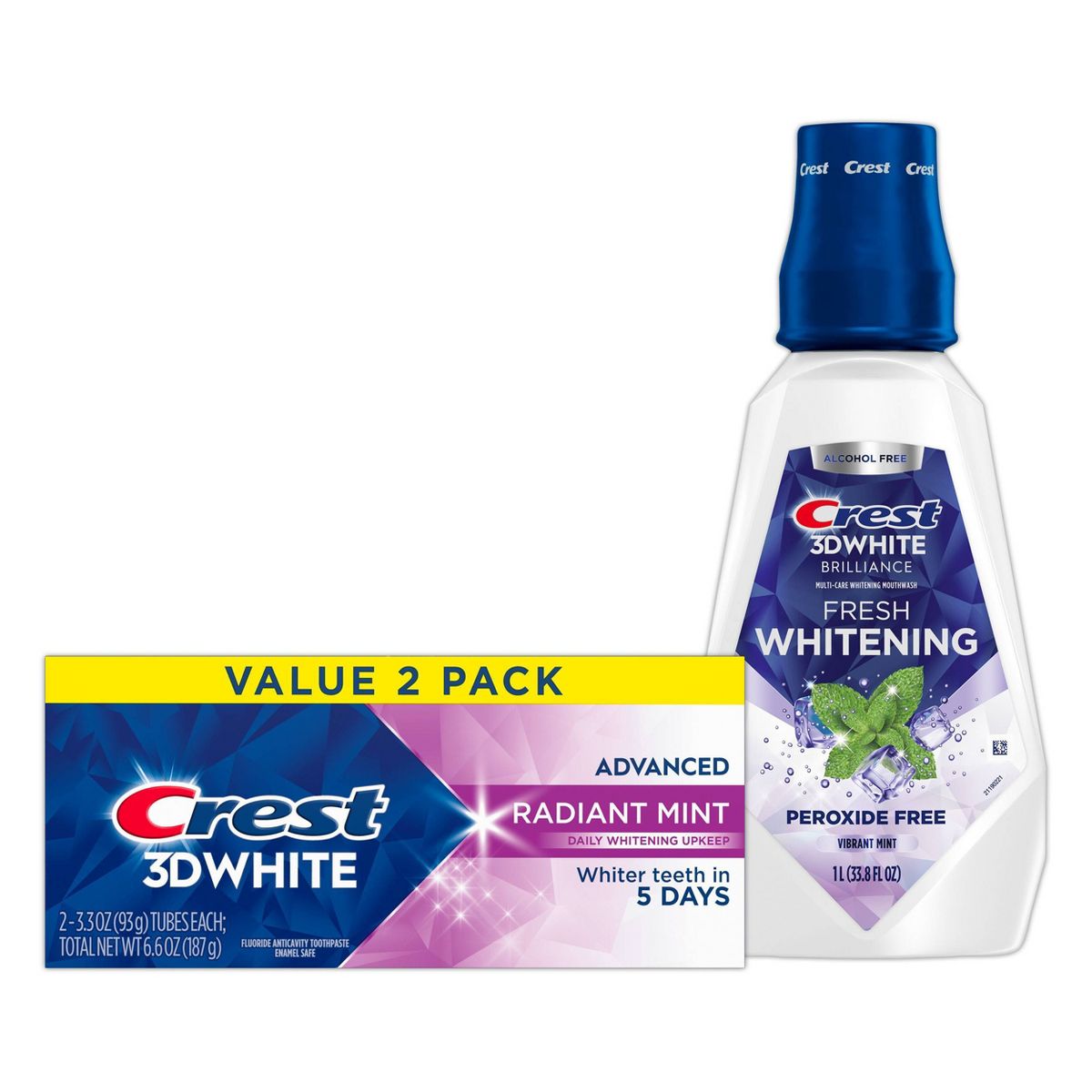 Crest 3D White 2 Pack/3.3oz Toothpaste + 33.8 fl oz Mouthwash