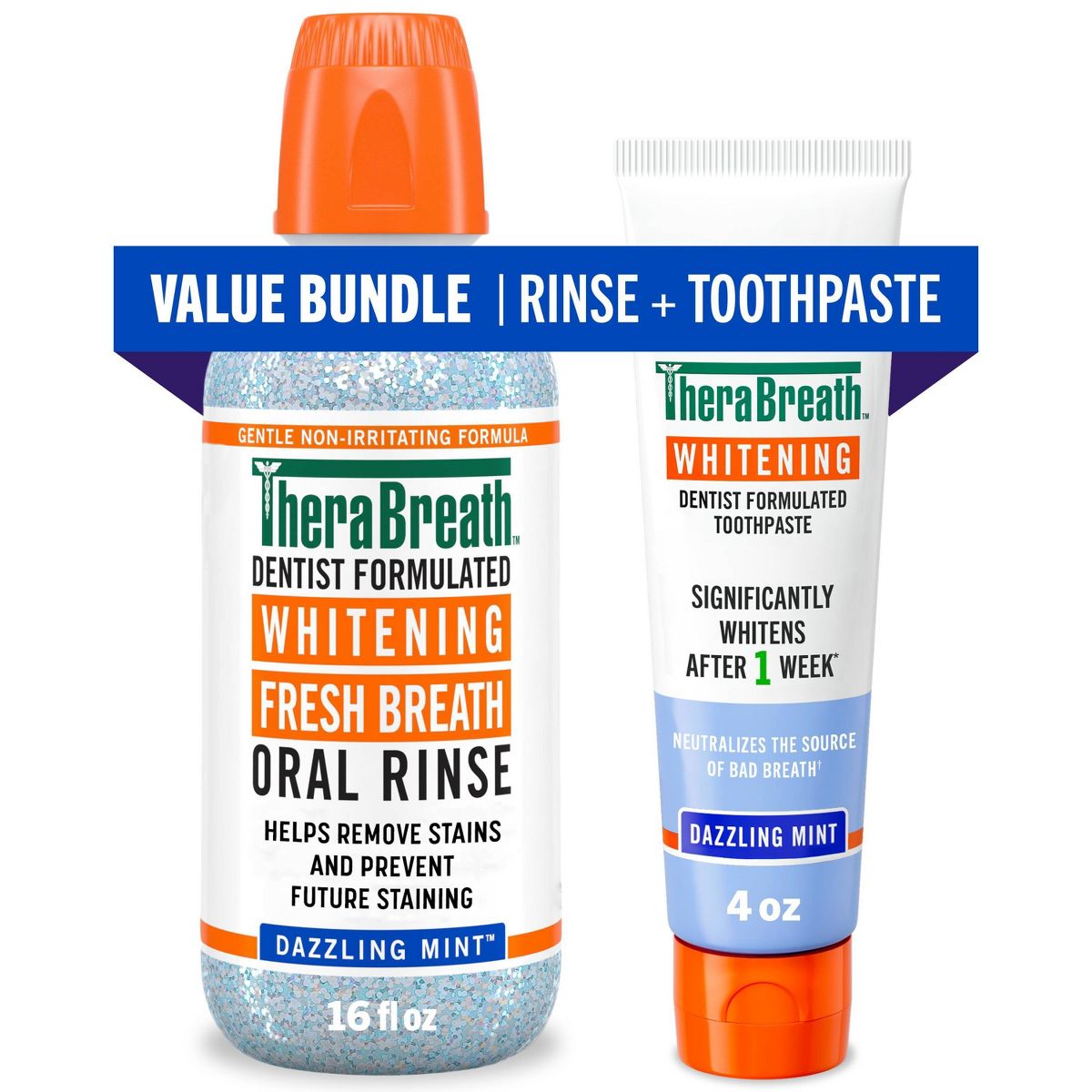TheraBreath Whitening 4oz Toothpaste + 16 fl oz Dazzling Mint Mouthwash