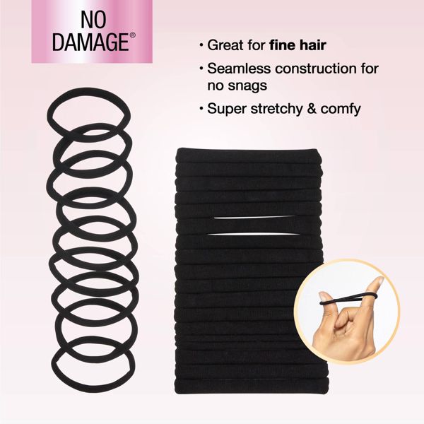 scünci No Damage Super Comfy Hosiery Elastic Hair Tie Ponytailers - Black - Fine Hair - 20pcs